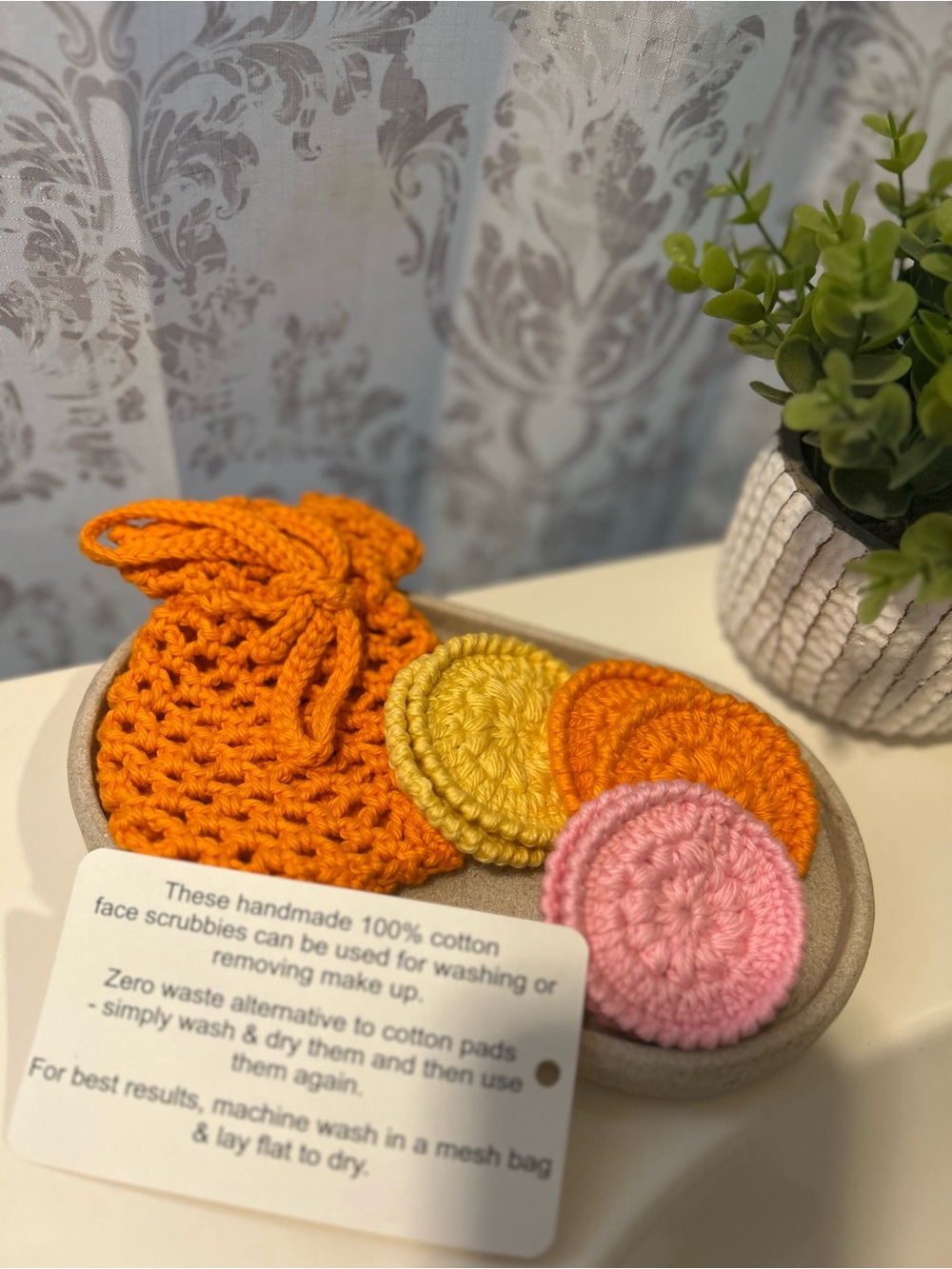 Handmade, reusable, cotton face rounds.